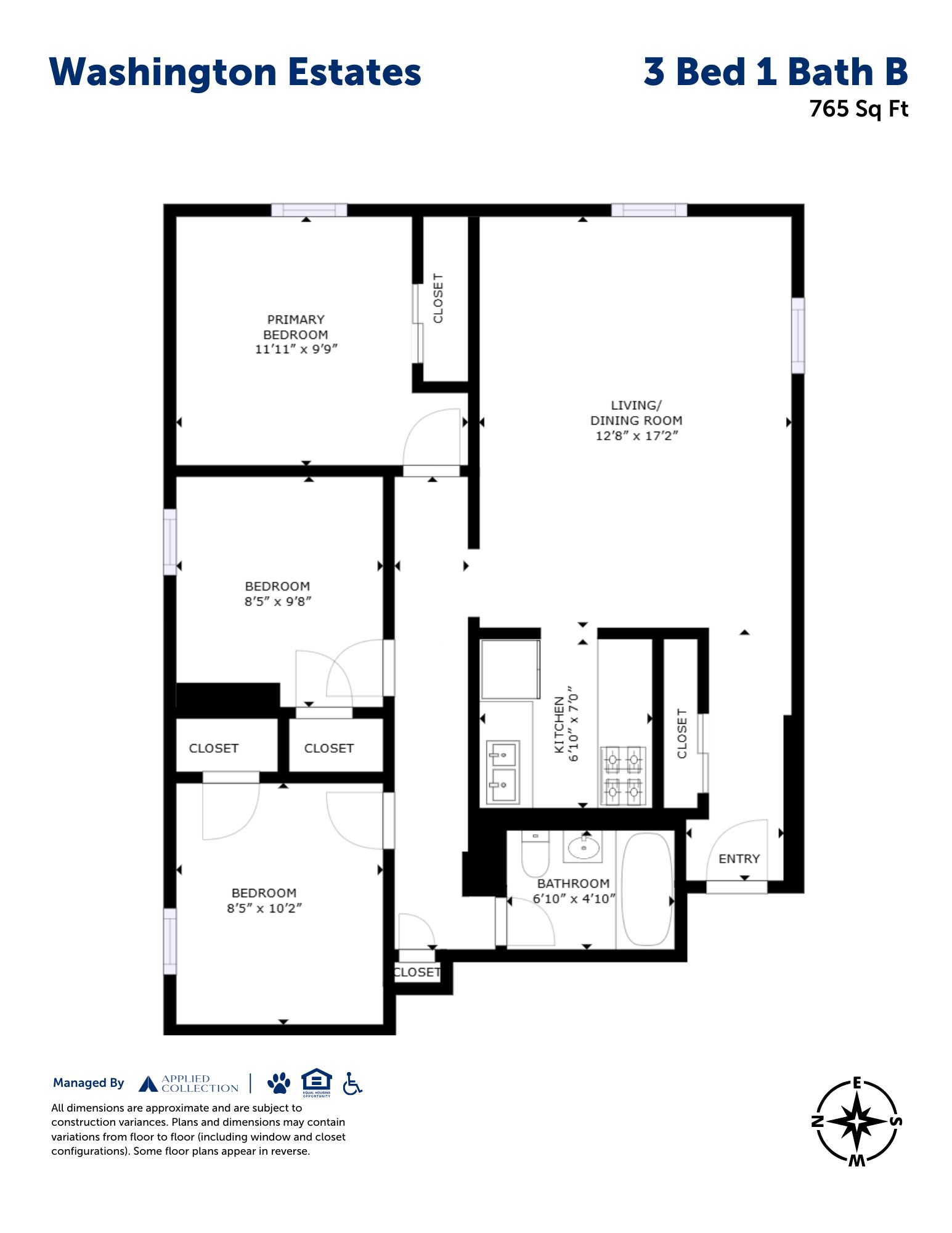 Floor plan for 3 beds, 1 bath, 765 sqft